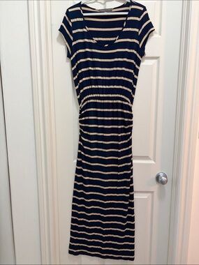 FINN & CLOVER Navy and Cream Striped Midi Dress with Ruched Waist SIZE XL